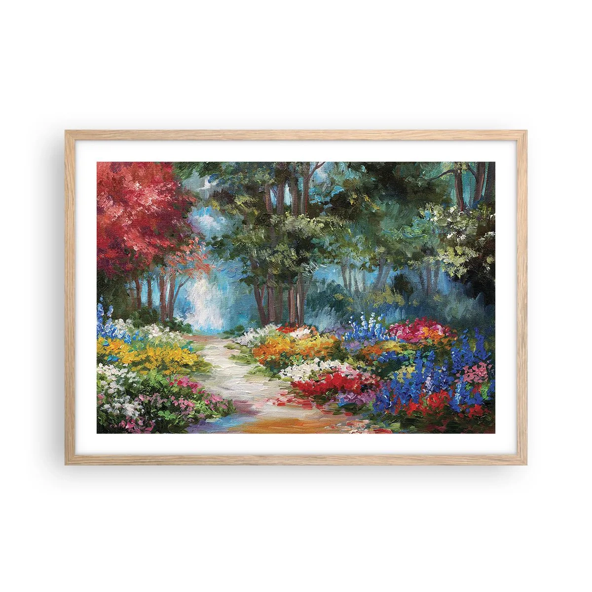 Affiche dans un chêne clair - Poster - Jardin forestier, forêt de fleurs - 70x50 cm