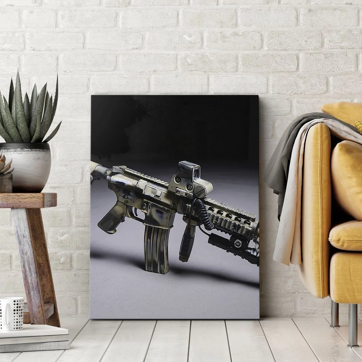 Impression sur toile - Image sur toile - Arme moderne de couleur camouflage sur fond sombre - 80x120cm - Toujours menaçant - Décoration murale moderne pour le salon et la chambre ARTTOR