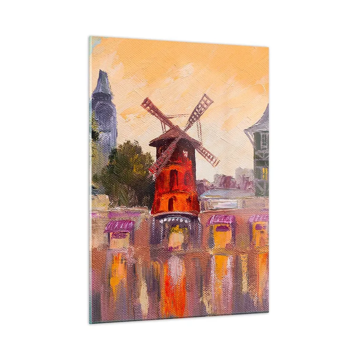 Impression sur verre - Image sur verre - Le moulin à vent rouge du Moulin Rouge parmi les immeubles parisiens - 50x70cm - Icones parisiennes – le Moulin rouge - Décoration murale moderne pour le salon et la chambre ARTTOR