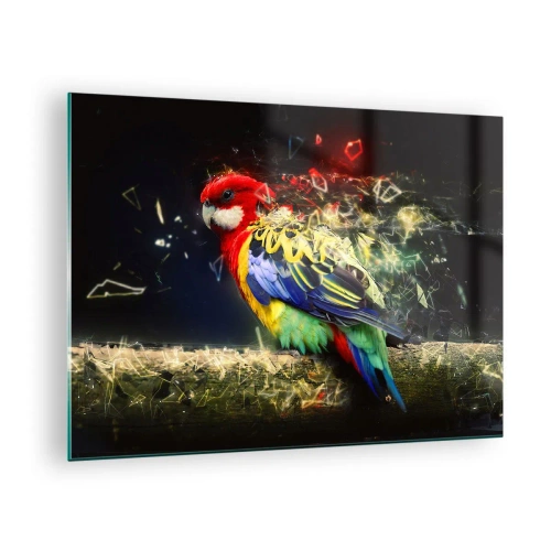 Impression sur verre - Image sur verre - Un perroquet coloré dans une composition artistique avec un effet éclatant - 70x50cm - Messager d'éclat - Décoration murale moderne pour le salon et la chambre ARTTOR