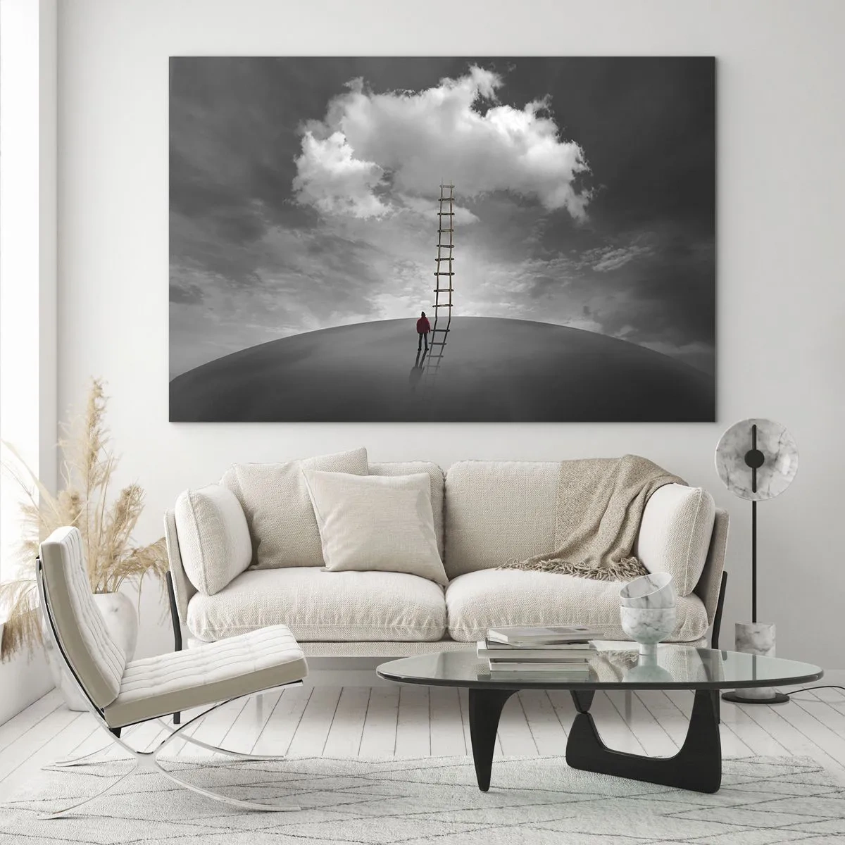 Impression sur verre - Image sur verre - Une personne regarde une échelle menant à un nuage. - 120x80cm - Tout est possible - Décoration murale moderne pour le salon et la chambre ARTTOR