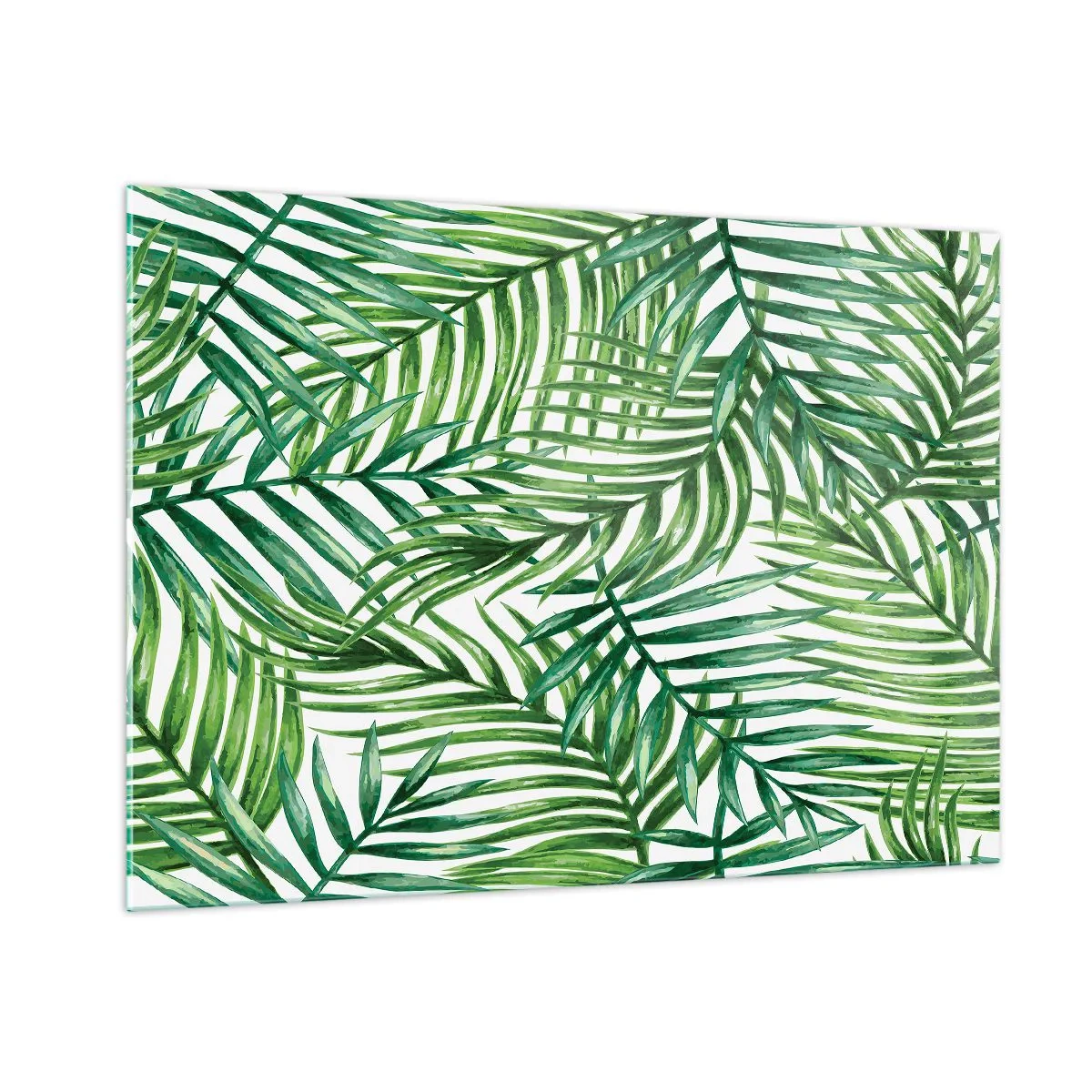Impression sur verre - Image sur verre - Feuilles de palmier vertes sur fond blanc créant un motif géométrique - 100x70cm - Sous la canopée verte - Décoration murale moderne pour le salon et la chambre ARTTOR
