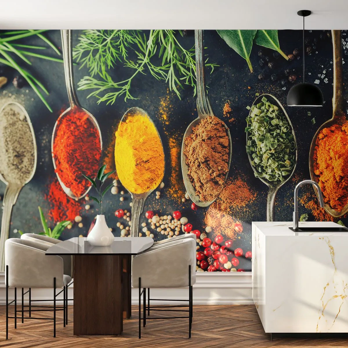 Papier Peint Photo Premium Sand - Épices et herbes colorées disposées sur des cuillères - 100x70cm - Magie culinaire - Décoration murale moderne pour le salon et la chambre ARTTOR