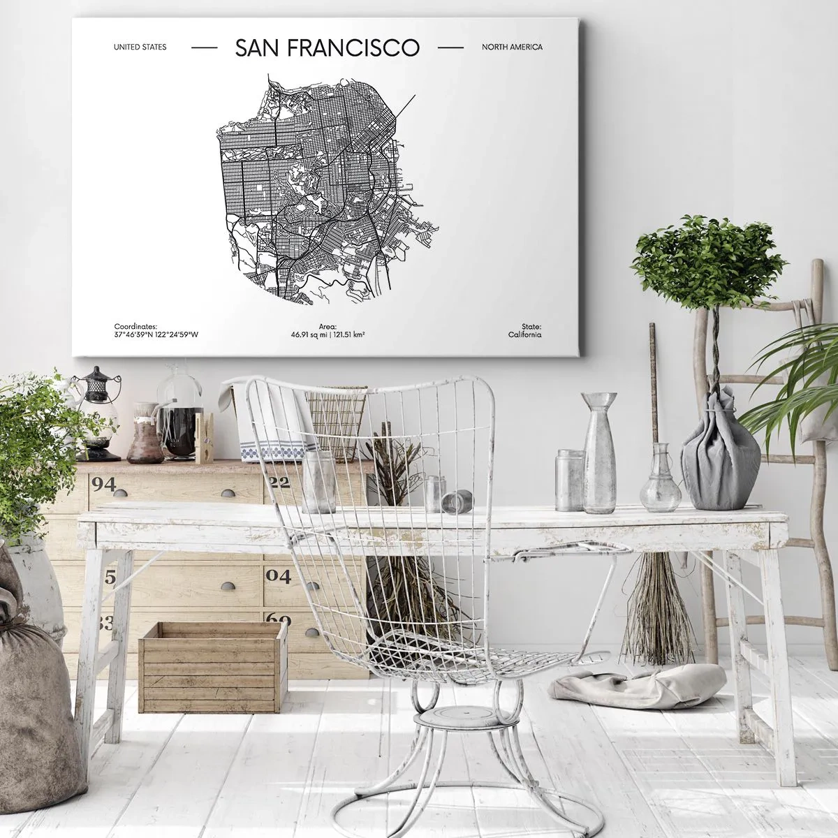 Impression sur toile - Image sur toile - Une carte de San Francisco dans un style minimaliste en noir et blanc. - 70x50cm - Anatomie de San Fransisco - Décoration murale moderne pour le salon et la chambre ARTTOR