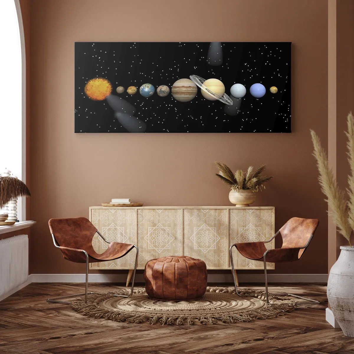 Impression sur toile - Image sur toile - Le système solaire avec des planètes sur fond d'étoiles dans l'espace - 120x50cm - Et les planètes sont folles, sont folles... - Décoration murale moderne pour le salon et la chambre ARTTOR