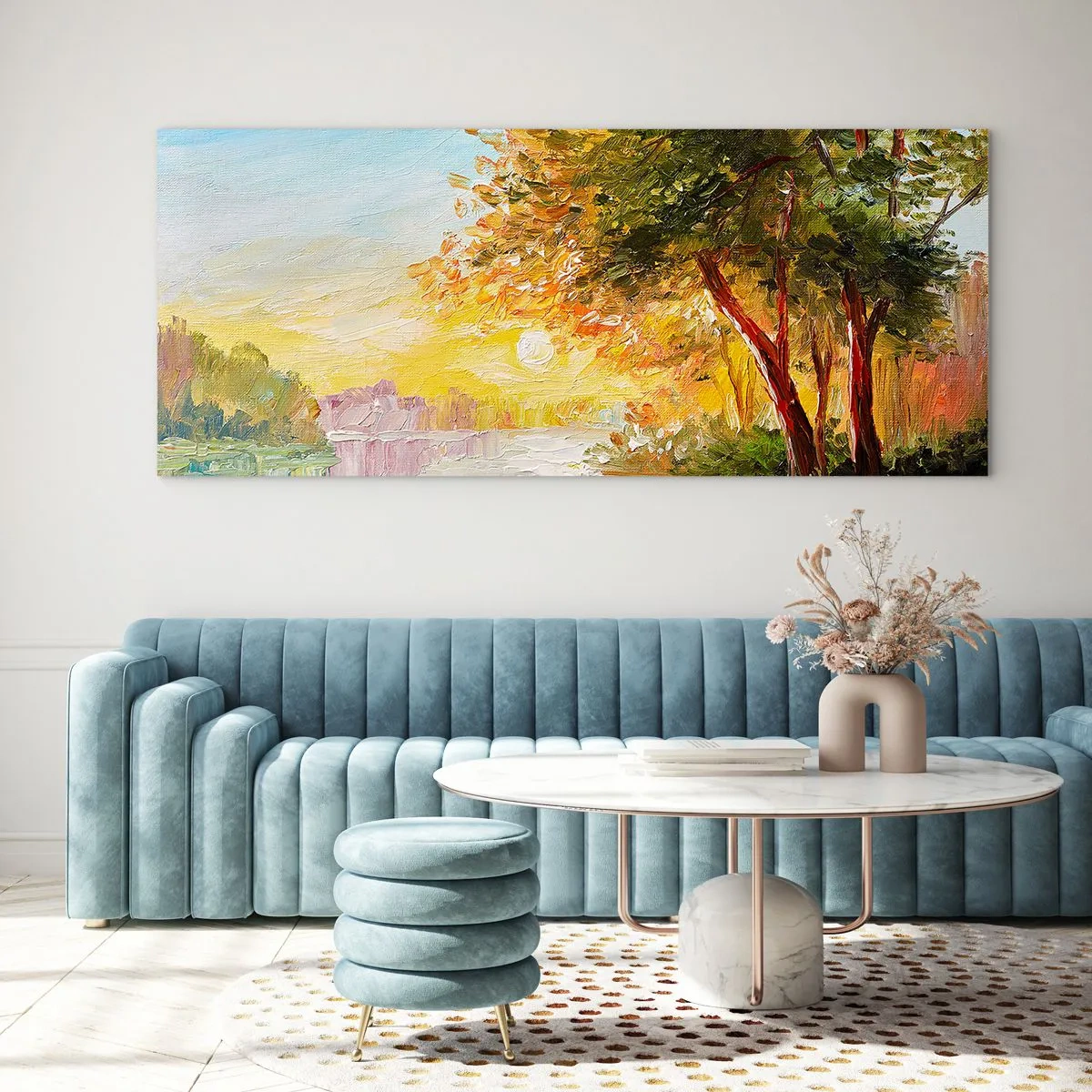 Impression sur verre - Image sur verre - Un paysage pittoresque avec une rivière et des arbres au coucher du soleil - 140x50cm - Et in Arcadia ego - Décoration murale moderne pour le salon et la chambre ARTTOR