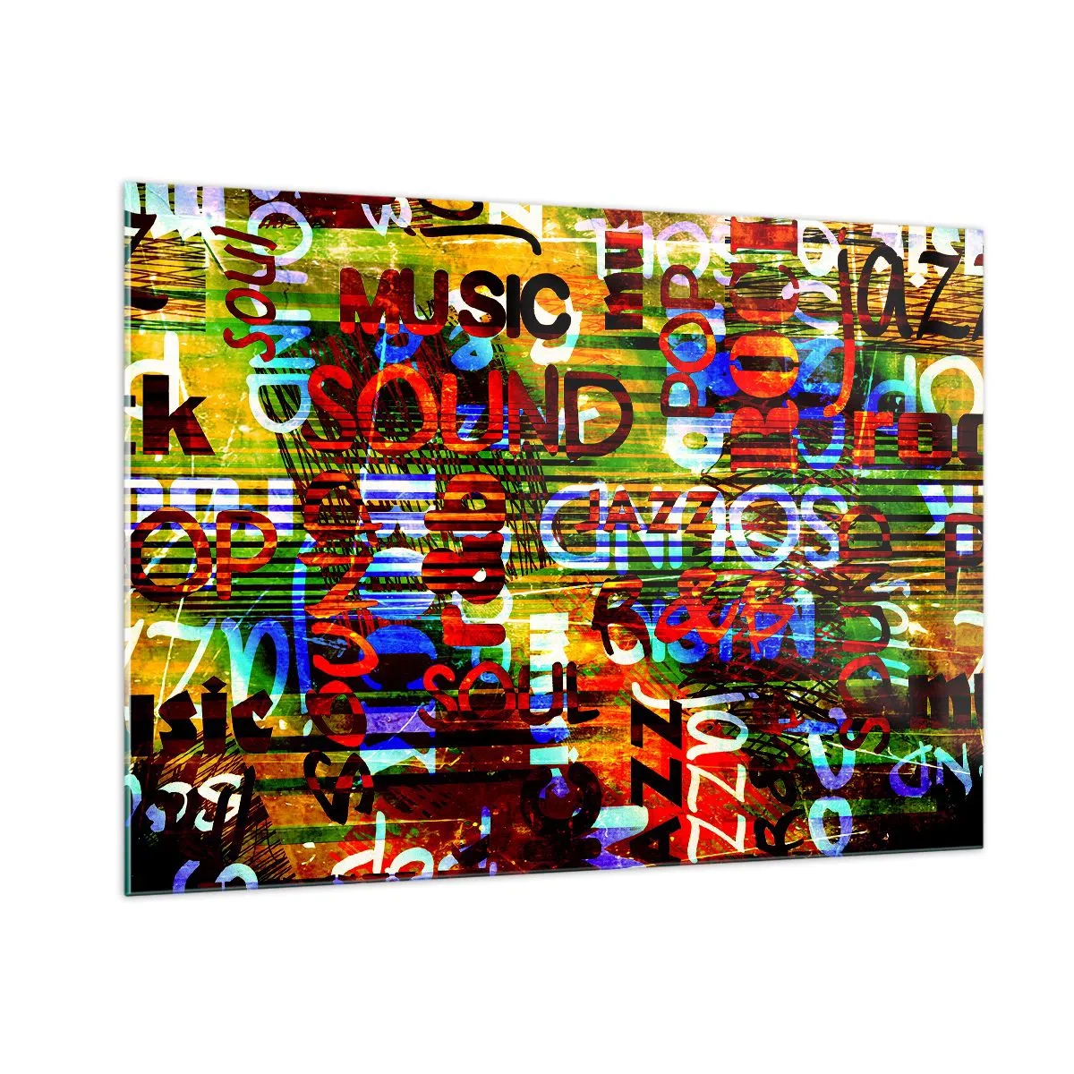 Impression sur verre - Image sur verre - Inscriptions colorées sur un fond de mosaïque artistique - 100x70cm - Toutes les nuances du son - Décoration murale moderne pour le salon et la chambre ARTTOR