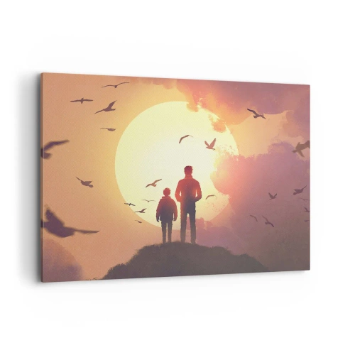 Impression sur toile - Image sur toile - Personnages sur fond de soleil couchant - 100x70cm - Face à face avec le soleil - Décoration murale moderne pour le salon et la chambre ARTTOR