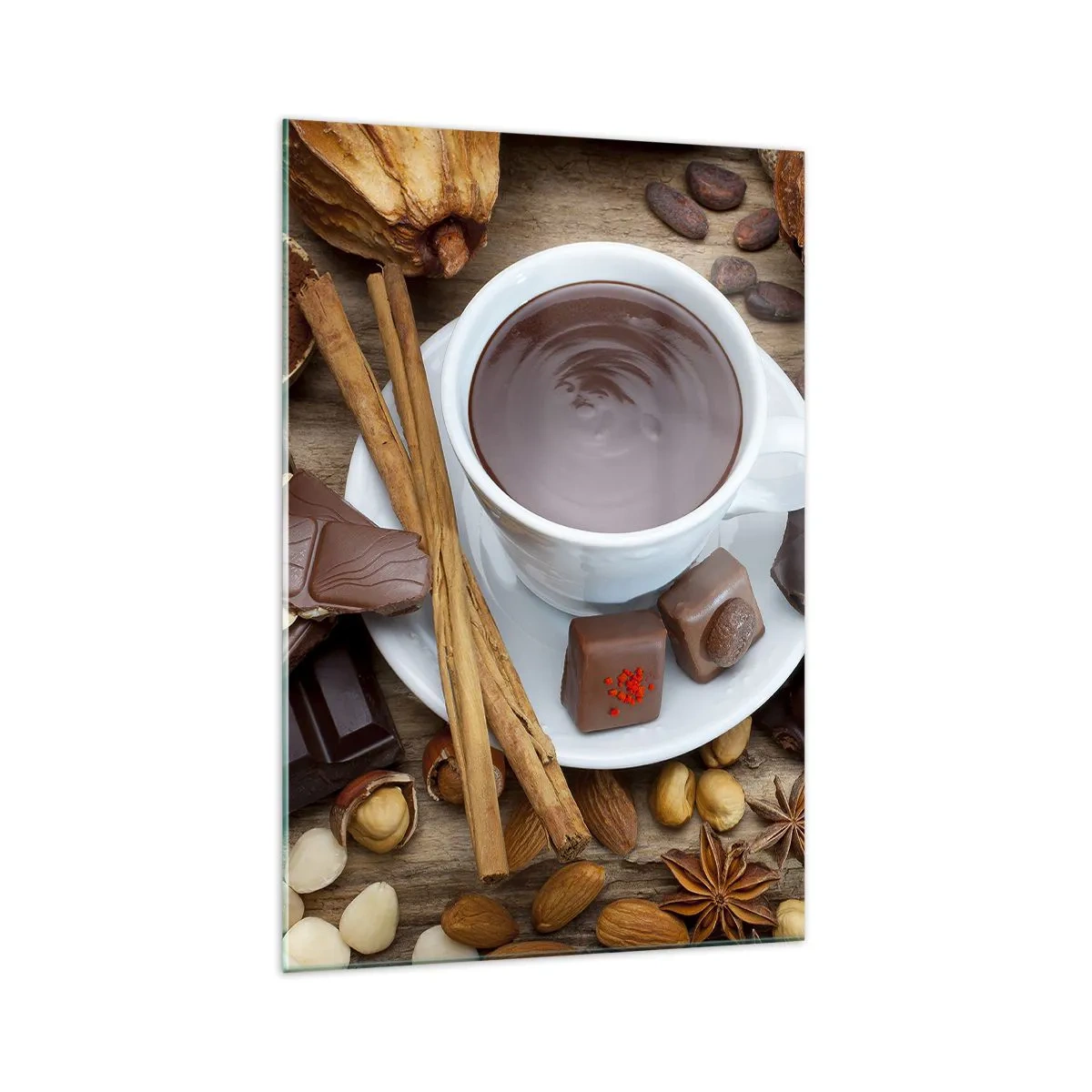 Impression sur verre - Image sur verre - Une tasse de chocolat chaud entourée d'ingrédients de dessert - 70x100cm - D'une chocolaterie de conte de fées - Décoration murale moderne pour le salon et la chambre ARTTOR