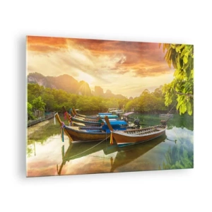 Impression sur verre - Image sur verre - Bateaux traditionnels dans un paysage tropical au coucher du soleil - 70x50cm - Avant une journée chargée - Décoration murale moderne pour le salon et la chambre ARTTOR
