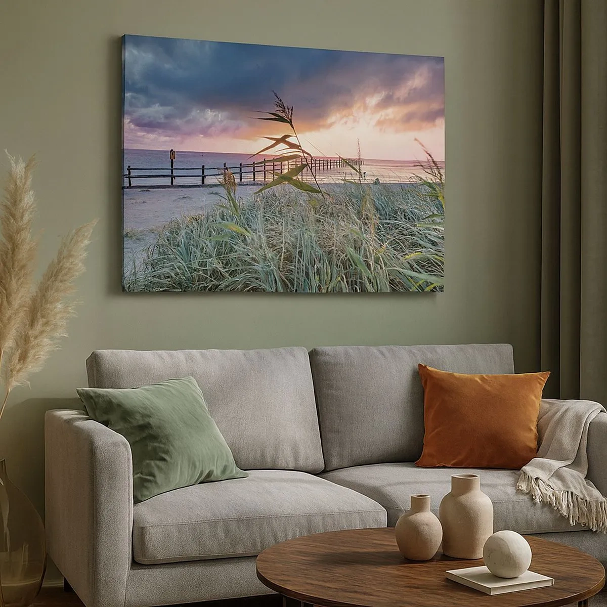 Impression sur toile - Image sur toile - Plage au coucher du soleil avec des herbes au premier plan - 70x50cm - Ça ne passe pas avec le vent - Décoration murale moderne pour le salon et la chambre ARTTOR