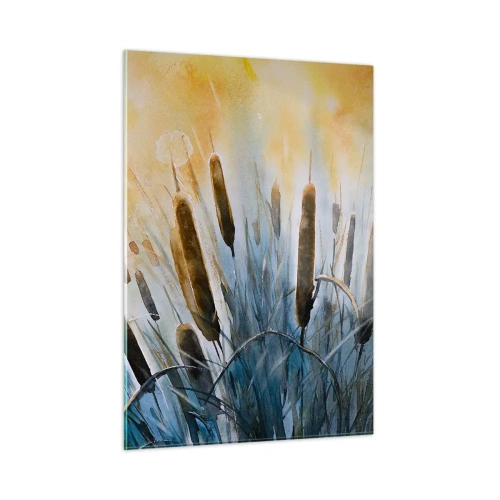 Impression sur verre - Image sur verre - Quenouilles peintes contre un ciel ensoleillé - 50x70cm - Fraicheur de l'eau, chaleur du soleil - Décoration murale moderne pour le salon et la chambre ARTTOR
