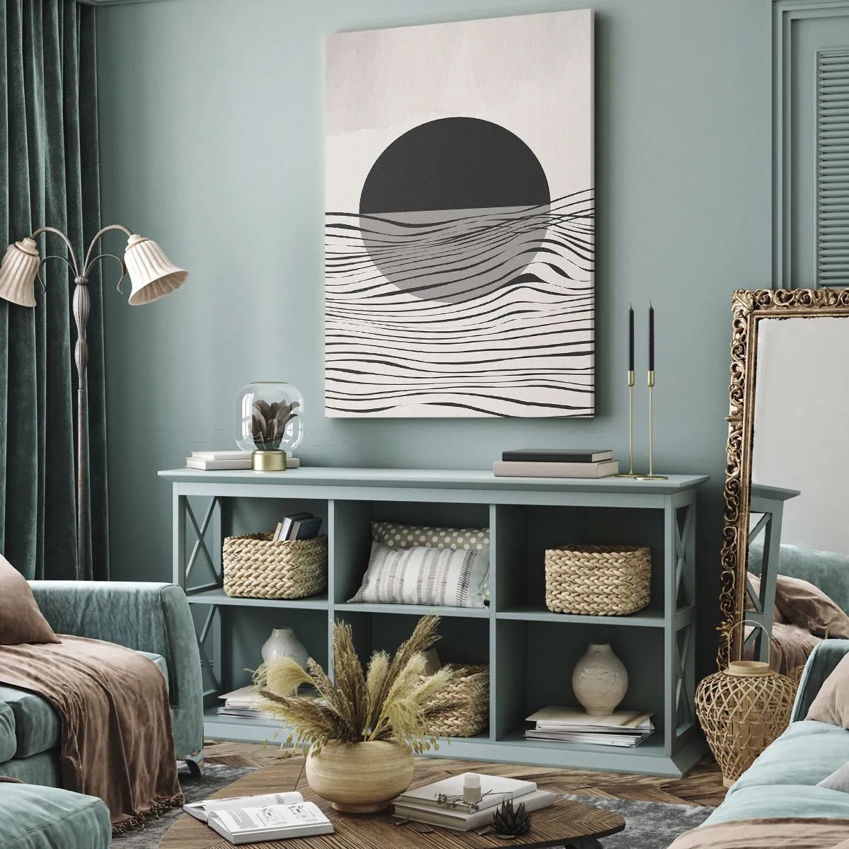 Impression sur toile - Image sur toile - Lignes abstraites et formes géométriques aux couleurs douces - 80x120cm - Demi composition - Décoration murale moderne pour le salon et la chambre ARTTOR