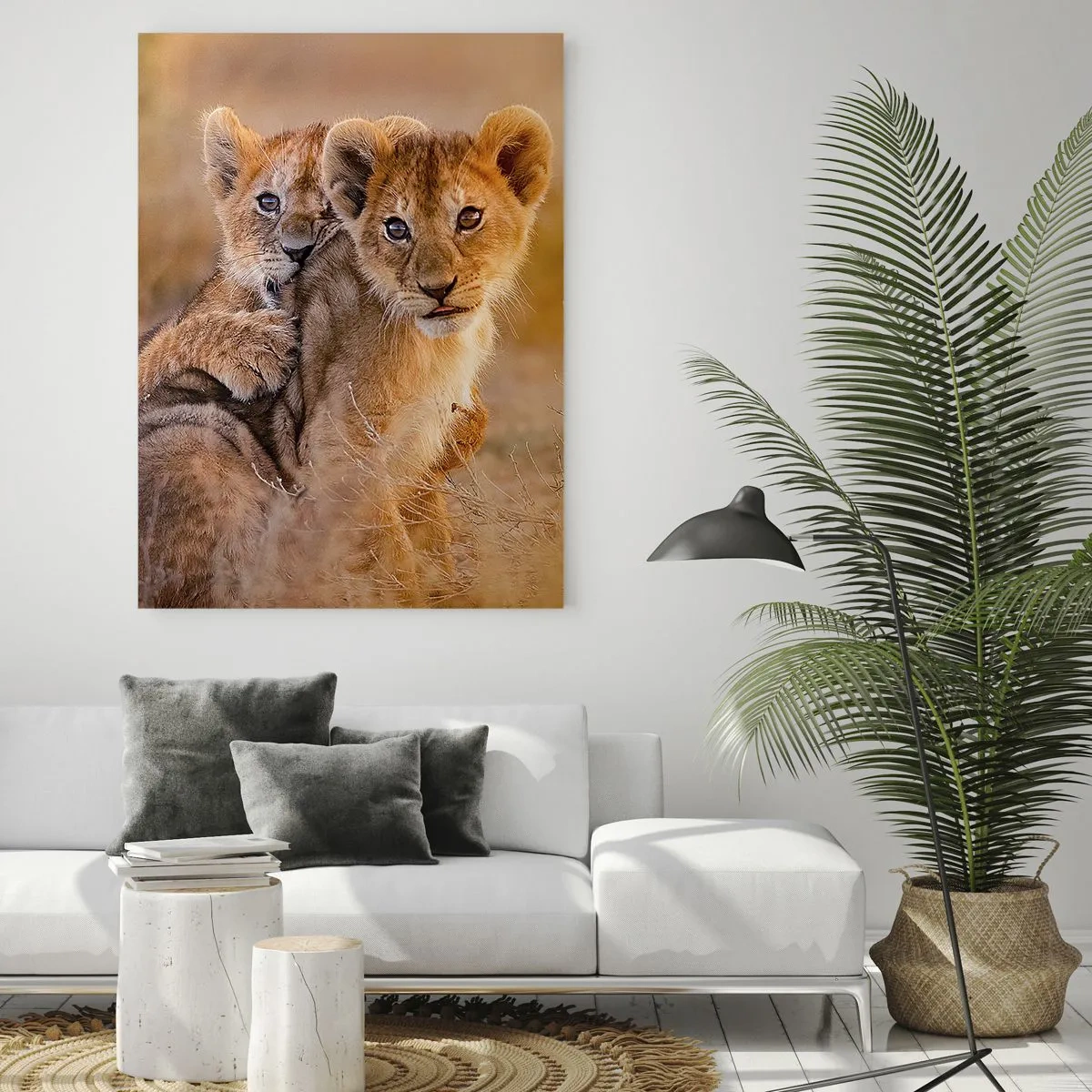 Impression sur verre - Image sur verre - Deux jeunes lionceaux dans un cadre naturel de savane - 50x70cm - Ne pas déranger! On s'amuse - Décoration murale moderne pour le salon et la chambre ARTTOR