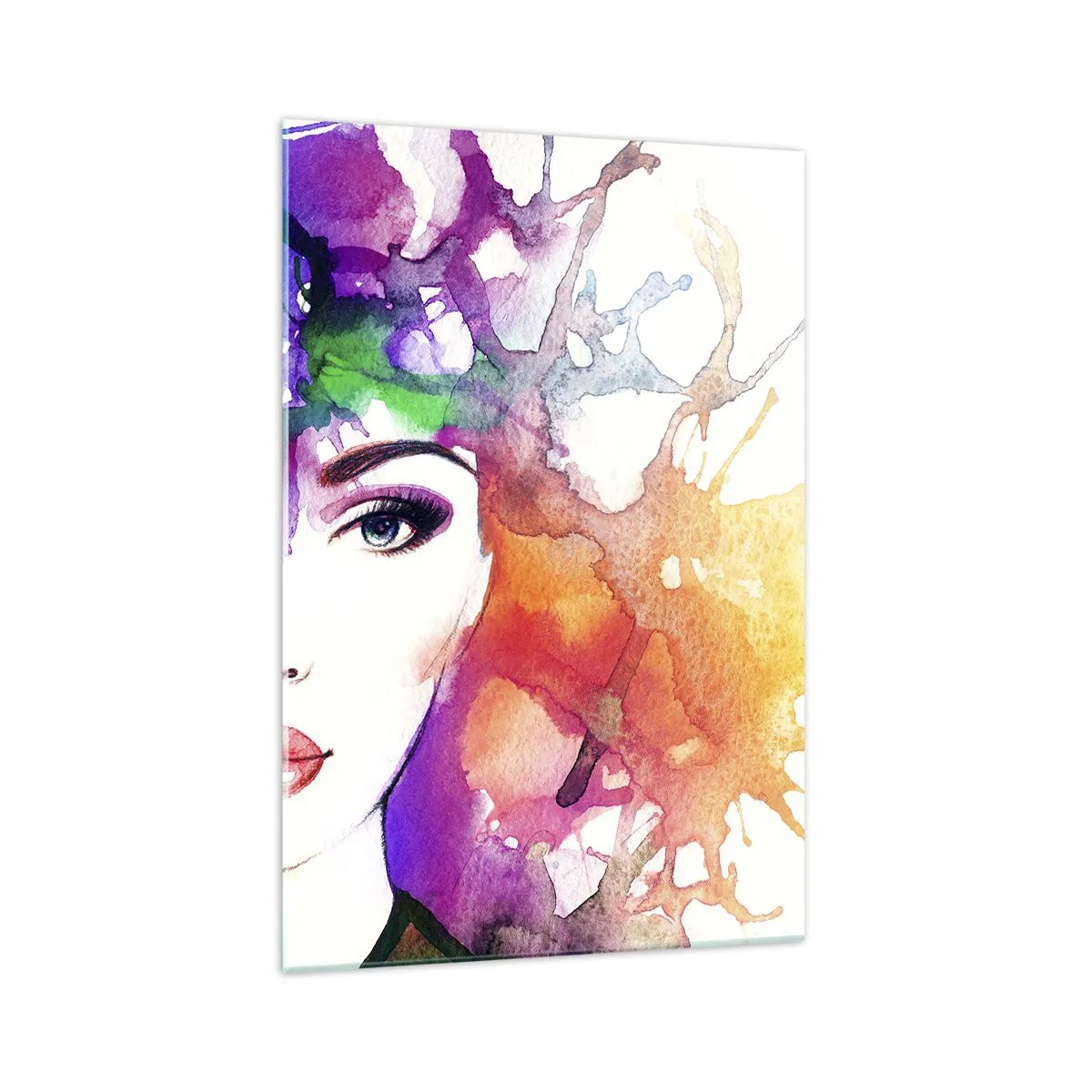 Impression sur verre - Image sur verre - Portrait d'une femme aux couleurs aquarelles avec des taches abstraites - 70x100cm - Avec la tête dans les nuages - Décoration murale moderne pour le salon et la chambre ARTTOR