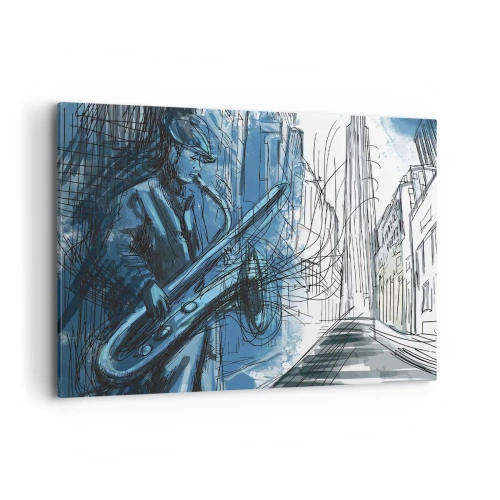 Impression sur toile - Image sur toile - Une silhouette jouant du saxophone sur fond de ville - 120x80cm - Rhapsodie urbaine - Décoration murale moderne pour le salon et la chambre ARTTOR