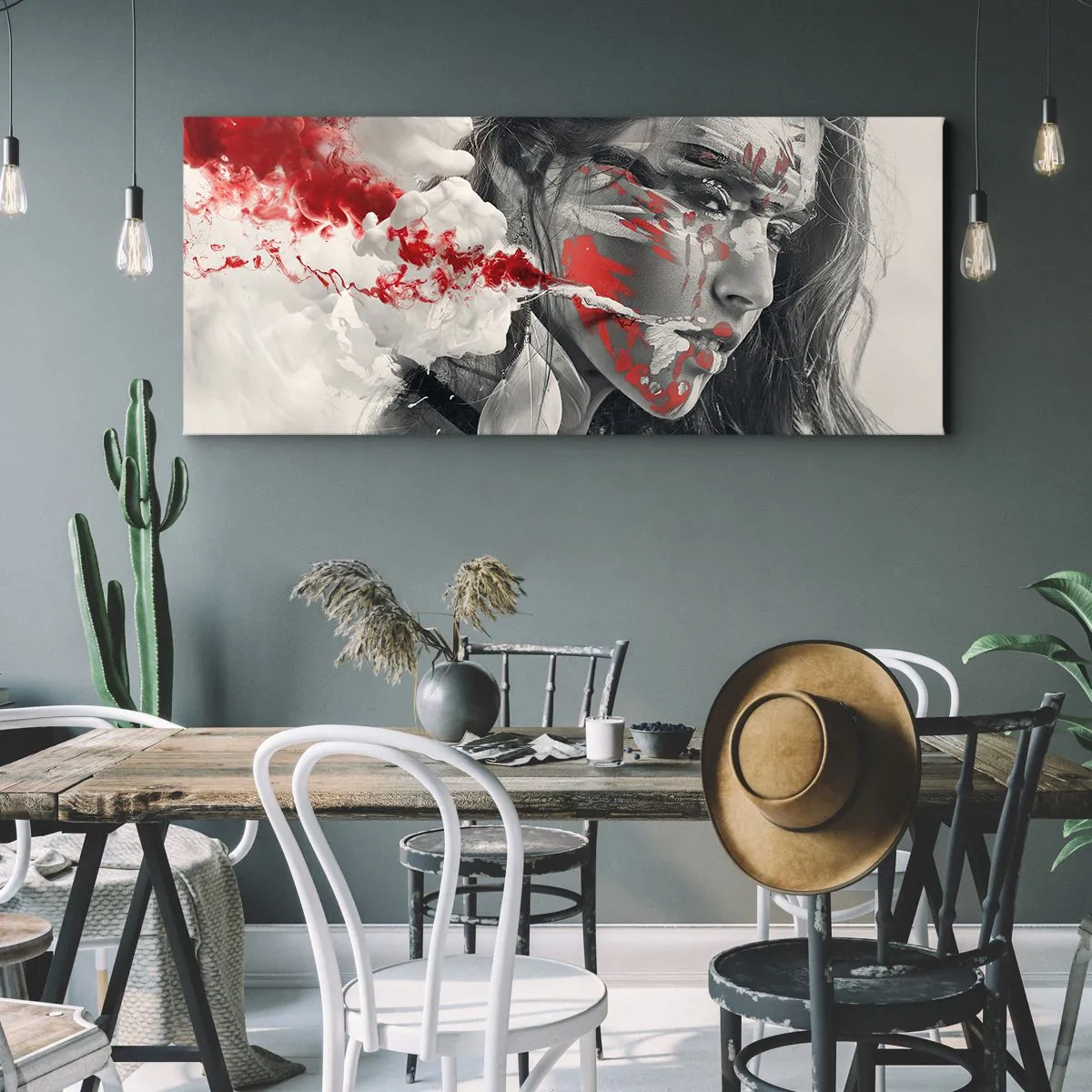 Impression sur toile - Image sur toile - Portrait artistique d'une femme aux accents rouges abstraits - 140x50cm - Dans les fumées de l'absurde - Décoration murale moderne pour le salon et la chambre ARTTOR