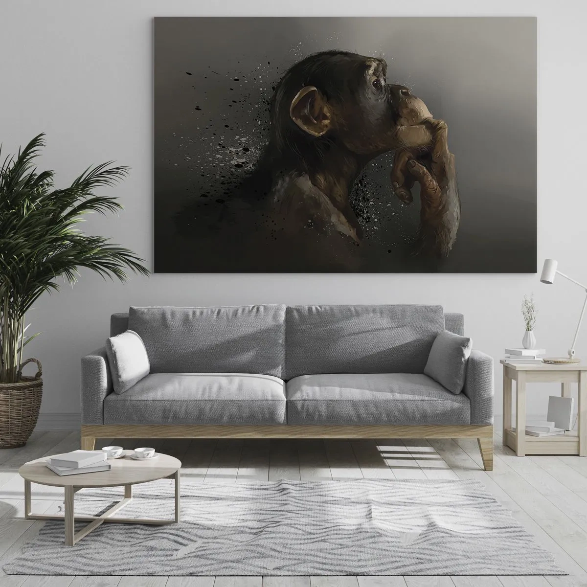 Impression sur verre - Image sur verre - Un singe pensif sur un fond sombre avec un effet d'éclaboussure - 120x80cm - Certainement un penseur - Décoration murale moderne pour le salon et la chambre ARTTOR