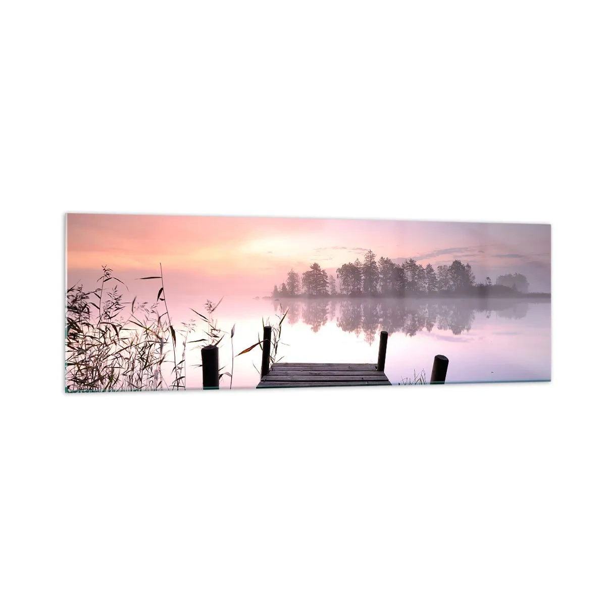 Impression sur verre - Image sur verre - Une jetée au bord du lac à l'aube avec du brouillard et un ciel pastel - 160x50cm - De la brume lilas… - Décoration murale moderne pour le salon et la chambre ARTTOR