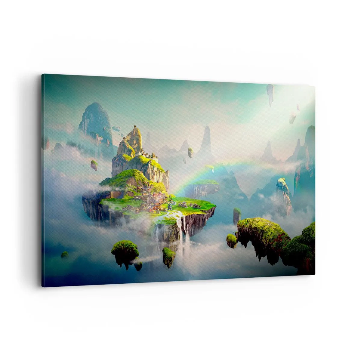 Impression sur toile - Image sur toile - Des îles volantes parmi les nuages avec un arc-en-ciel à l'horizon - 120x80cm - Au milieu des cieux - îles du bonheur - Décoration murale moderne pour le salon et la chambre ARTTOR