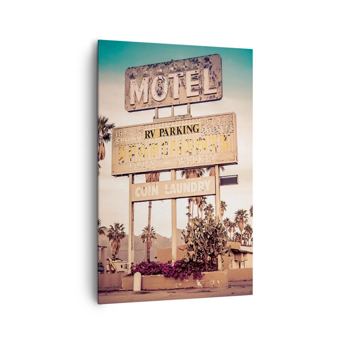 Impression sur toile - Image sur toile - Panneau de motel rétro entouré de palmiers - 80x120cm - Ici, le temps s'est arrêté - Décoration murale moderne pour le salon et la chambre ARTTOR