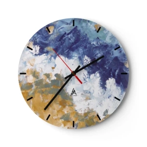 Horloge murale - Pendule murale - Abstraction expressive dans les tons de bleu, blanc et ocre - 30x30cm - Danse des éléments - Décoration murale moderne pour le salon, la cuisine et la chambre ARTTOR