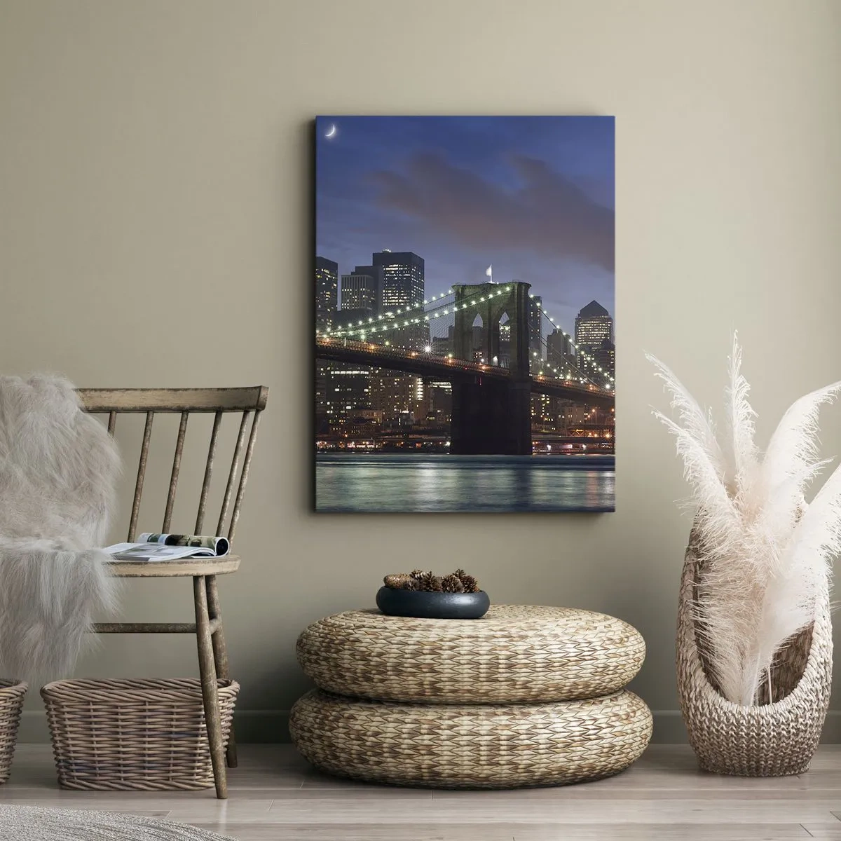 Impression sur toile - Image sur toile - Pont de New York la nuit avec bâtiments illuminés - 70x100cm - Nuit rougeoyante - Décoration murale moderne pour le salon et la chambre ARTTOR
