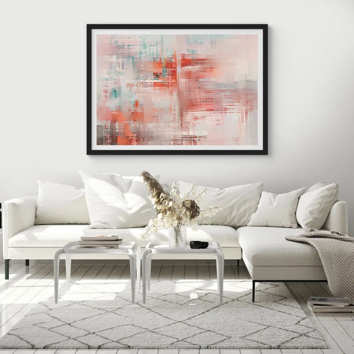 Affiche dans un cadre noir - Poster - Une composition abstraite avec des nuances de rouge et de couleurs pastel. - 70x50cm - Brumeux. Mais rose - Décoration murale moderne pour le salon et la chambre ARTTOR