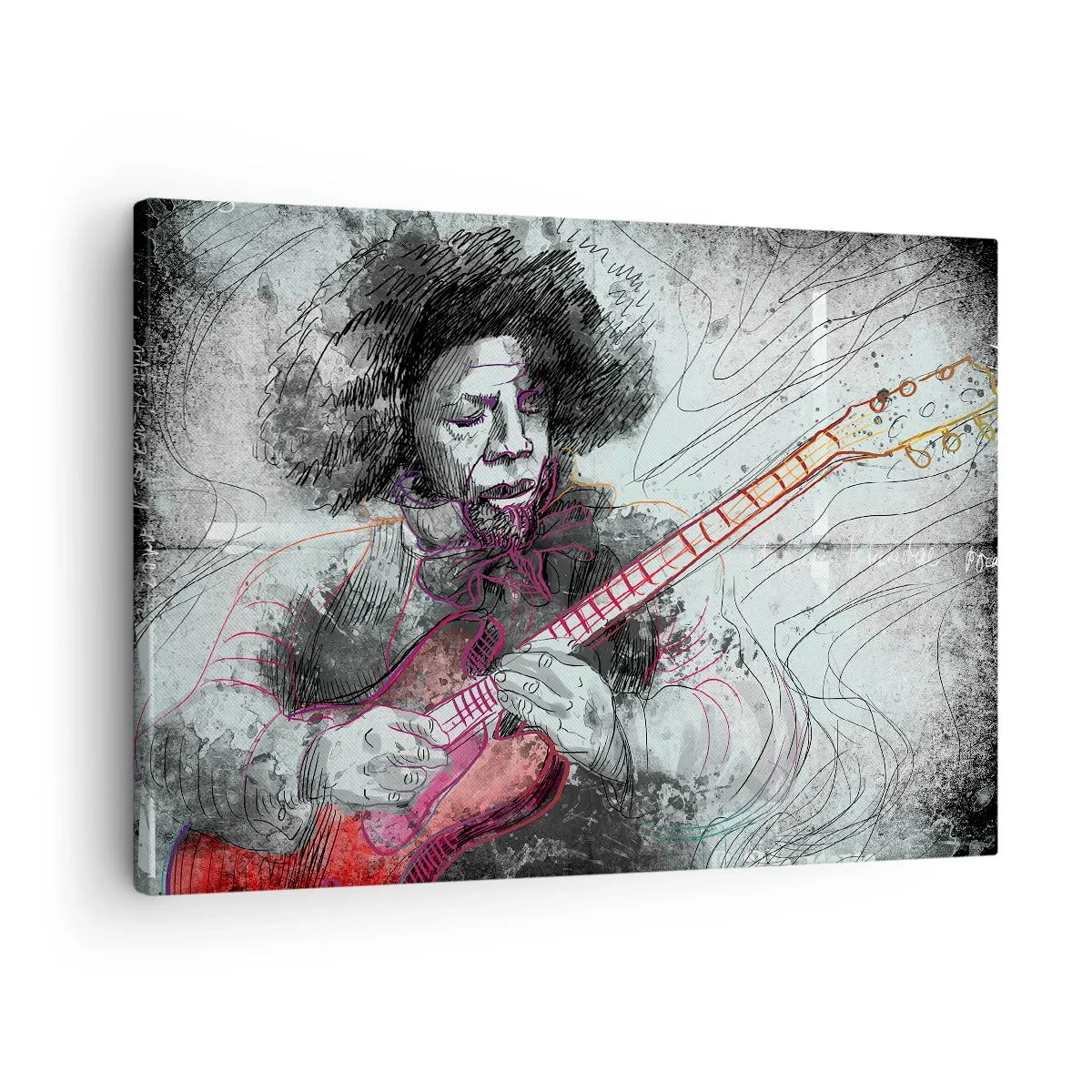 Impression sur toile - Image sur toile - Portrait artistique d'un guitariste en technique d'esquisse - 70x50cm - Sur les vagues de la musique - Décoration murale moderne pour le salon et la chambre ARTTOR