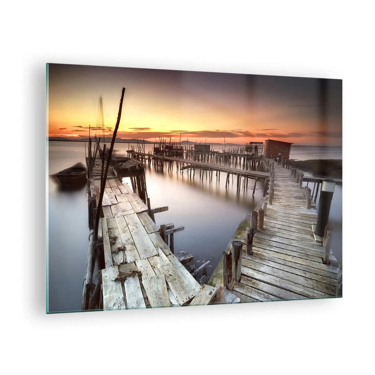 Impression sur verre - Image sur verre - Jetée en bois au coucher du soleil sur un lac calme - 70x50cm - Authentique, pas un attrape touristique - Décoration murale moderne pour le salon et la chambre ARTTOR