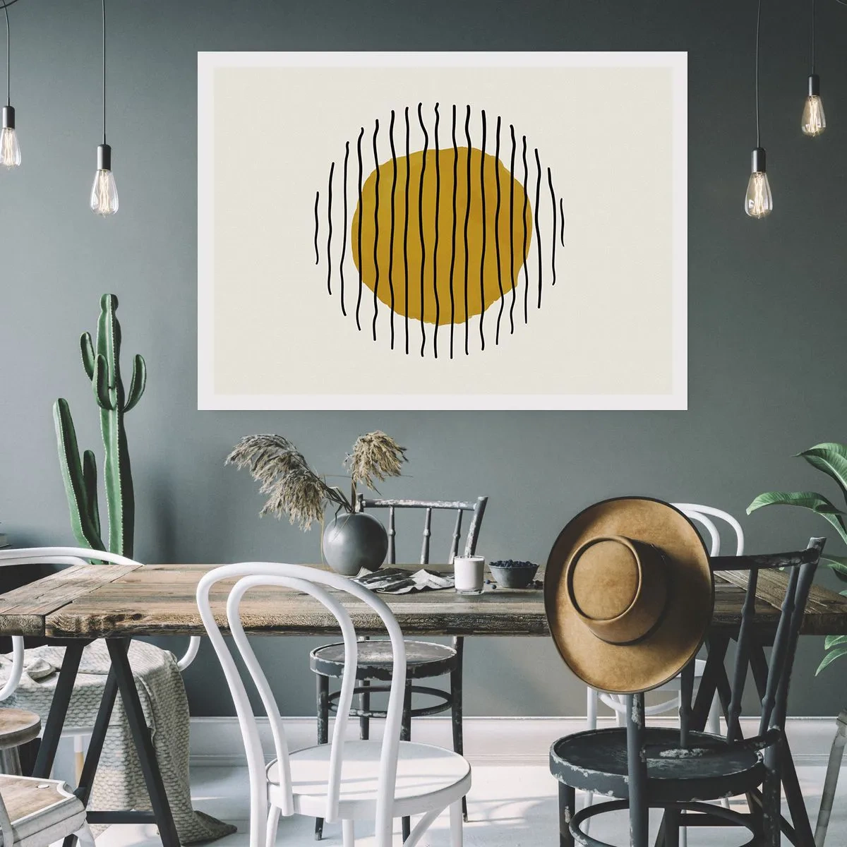 Affiche - Poster - Un motif minimaliste avec un cercle jaune et des lignes noires. - 100x70cm - Abstraction tremblante de chaleur - Décoration murale moderne pour le salon et la chambre ARTTOR