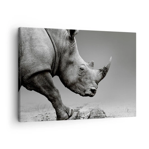 Impression sur toile - Image sur toile - Portrait d'un rhinocéros sur fond de désert gris - 70x50cm - Force inarrêtable - Décoration murale moderne pour le salon et la chambre ARTTOR
