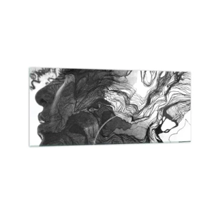 Impression sur verre - Image sur verre - Visage abstrait en noir et blanc avec des lignes dynamiques. - 120x50cm - Emmêlé dans les rêves - Décoration murale moderne pour le salon et la chambre ARTTOR