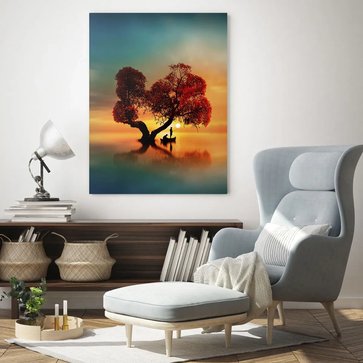 Impression sur verre - Image sur verre - Un arbre aux feuilles rouges sur fond de coucher de soleil - 50x70cm - Plénitude et éloignement sans monde - Décoration murale moderne pour le salon et la chambre ARTTOR