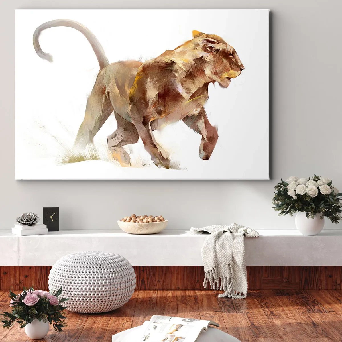 Impression sur toile - Image sur toile - Une lionne qui court dans une interprétation artistique - 120x80cm - Grâce sauvage - Décoration murale moderne pour le salon et la chambre ARTTOR
