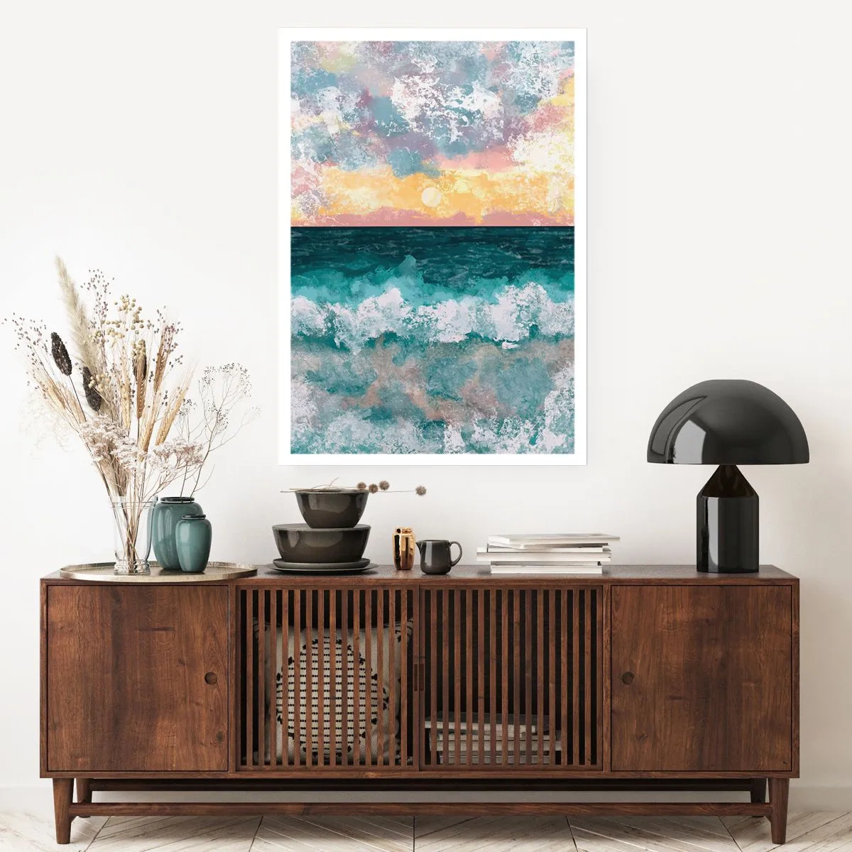 Affiche - Poster - Vagues de la mer et coucher de soleil dans un style aquarelle - 50x70cm - Eau, lumière, air - Décoration murale moderne pour le salon et la chambre ARTTOR