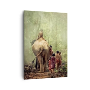 Impression sur toile - Image sur toile - Enfants avec un éléphant dans une forêt verte à la lumière du matin - 50x70cm - Nouveau livre de la jungle - Décoration murale moderne pour le salon et la chambre ARTTOR