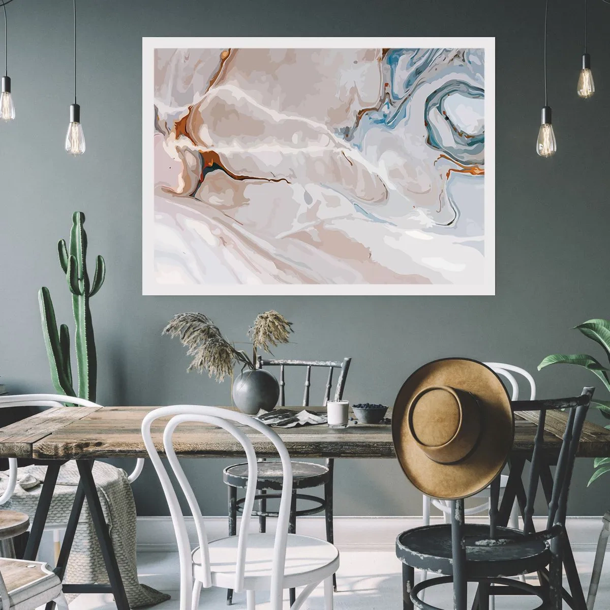 Affiche - Poster - Motif abstrait dans les tons de blanc et de bleu - 100x70cm - Le bleu serpente sous le blanc - Décoration murale moderne pour le salon et la chambre ARTTOR