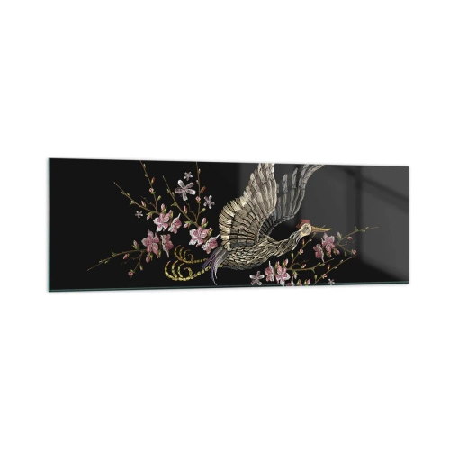 Impression sur verre - Image sur verre - Un oiseau en vol avec des fleurs sur fond noir - 160x50cm - Oiseau brodé exotique - Décoration murale moderne pour le salon et la chambre ARTTOR