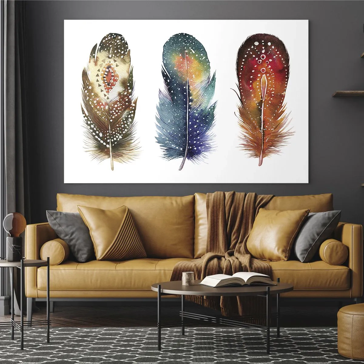 Impression sur verre - Image sur verre - Trois plumes colorées aux motifs ethniques - 70x50cm - Rituels, cérémonies, secrets - Décoration murale moderne pour le salon et la chambre ARTTOR
