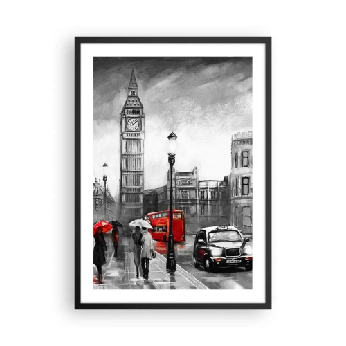 Affiche dans un cadre noir - Poster - Big Ben un jour de pluie avec des accents rouges - 50x70cm - Pas du tout une ville grise - Décoration murale moderne pour le salon et la chambre ARTTOR