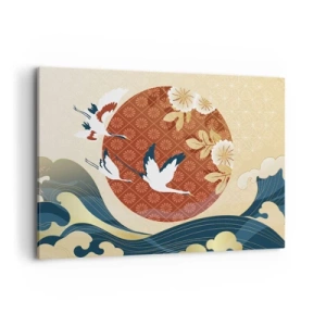 Impression sur toile - Image sur toile - Composition japonaise avec des grues et des vagues - 100x70cm - Conte japonnais - Décoration murale moderne pour le salon et la chambre ARTTOR
