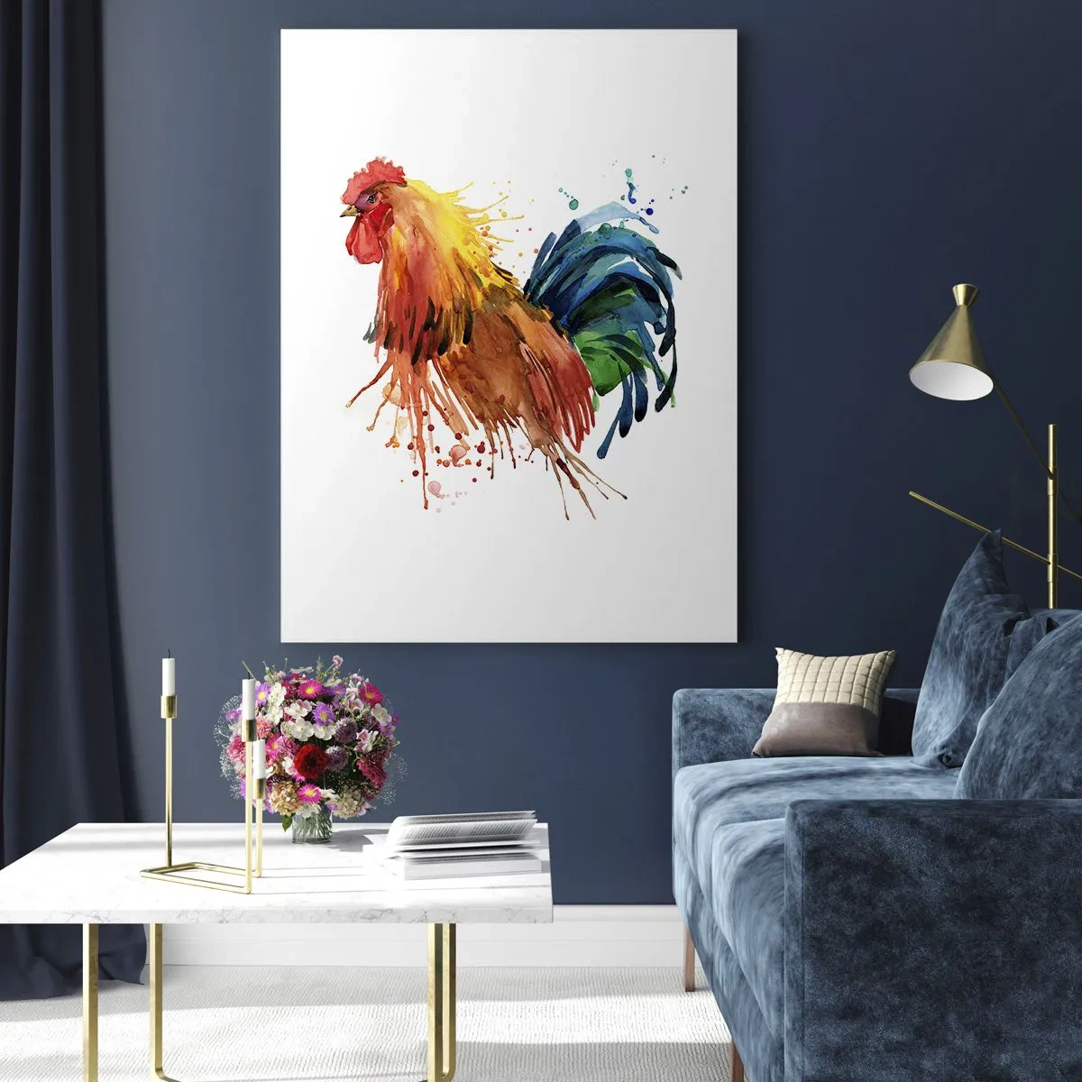 Impression sur verre - Image sur verre - Coq à l'aquarelle aux couleurs vives sur fond blanc - 50x70cm - Robe royale, fierté royale - Décoration murale moderne pour le salon et la chambre ARTTOR