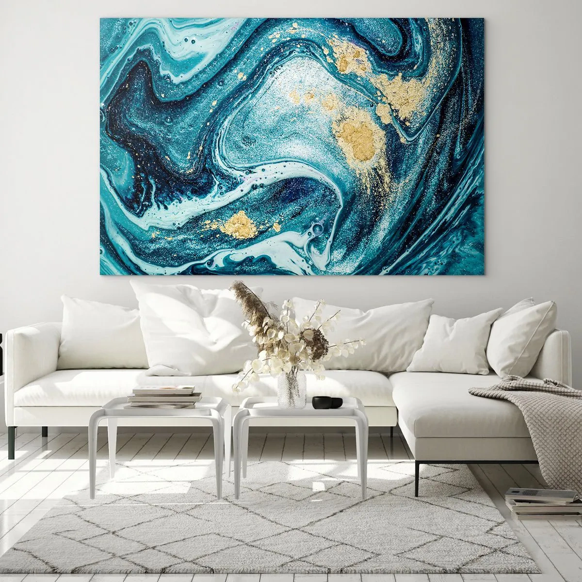 Impression sur verre - Image sur verre - Tourbillons abstraits dans des tons turquoise et or - 100x70cm - Vortex bleu - Décoration murale moderne pour le salon et la chambre ARTTOR