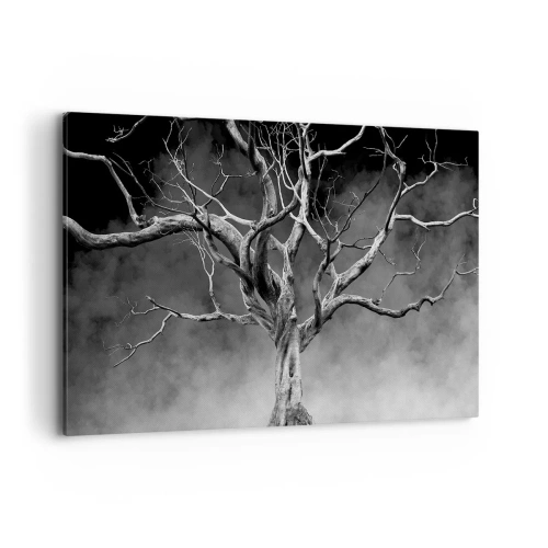 Impression sur toile - Image sur toile - Un arbre sec en noir et blanc contre le brouillard - 100x70cm - Primordial et sacré - Décoration murale moderne pour le salon et la chambre ARTTOR