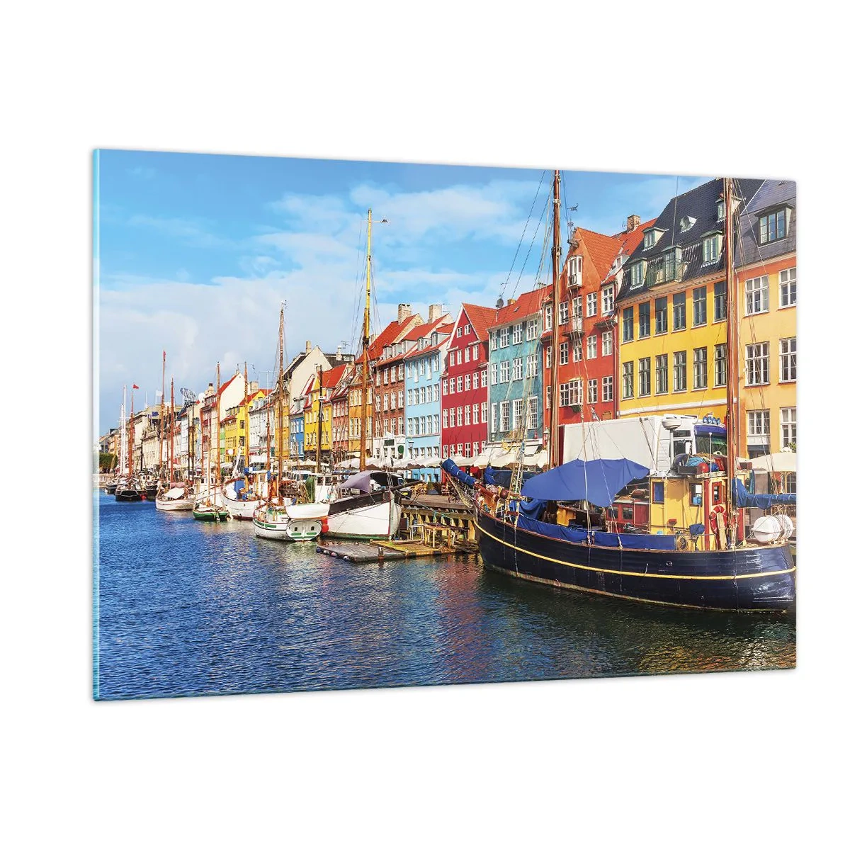 Impression sur verre - Image sur verre - Maisons colorées au bord des canaux de Copenhague - 120x80cm - Quai joyeux - Décoration murale moderne pour le salon et la chambre ARTTOR
