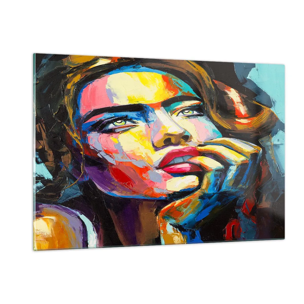 Impression sur verre - Image sur verre - Portrait d'une femme aux couleurs abstraites intenses - 120x80cm - Les rêves volent dans le ciel comme des oiseaux - Décoration murale moderne pour le salon et la chambre ARTTOR