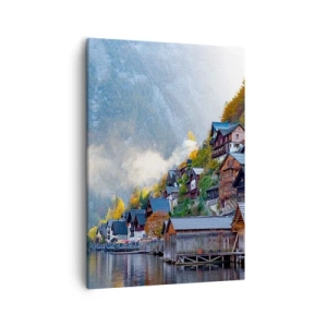 Impression sur toile - Image sur toile - Un village de montagne au bord d'un lac dans un paysage d'automne - 50x70cm - Ambiance alpine - Décoration murale moderne pour le salon et la chambre ARTTOR
