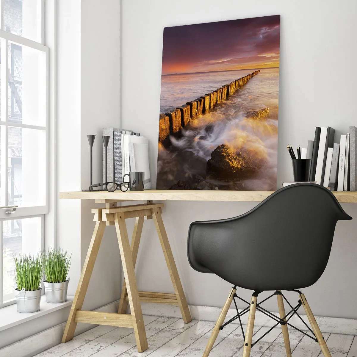 Impression sur verre - Image sur verre - Coucher de soleil sur la mer avec un brise-lames en bois - 50x70cm - La douceur des vagues - Décoration murale moderne pour le salon et la chambre ARTTOR