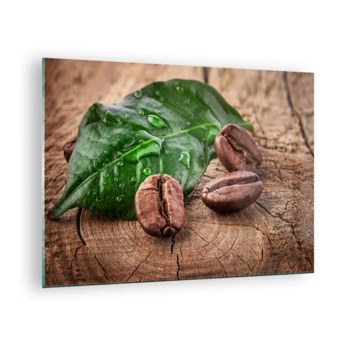 Impression sur verre - Image sur verre - Grains de café sur fond de feuilles et de bois - 70x50cm - La plus vraie et noire - Décoration murale moderne pour le salon et la chambre ARTTOR